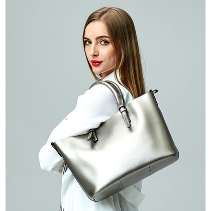 Leather Tote Bag - Cowskin Silver M