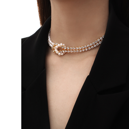 Double Pearls & Crystals Necklace