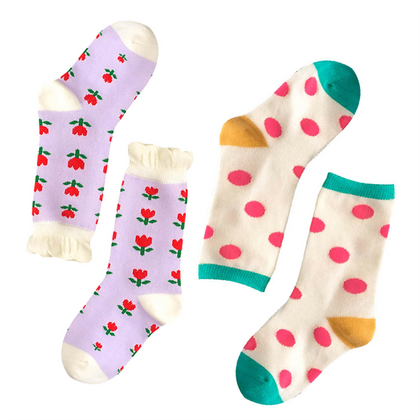 Purple Flower & Pink Dot Socks Set 2PK