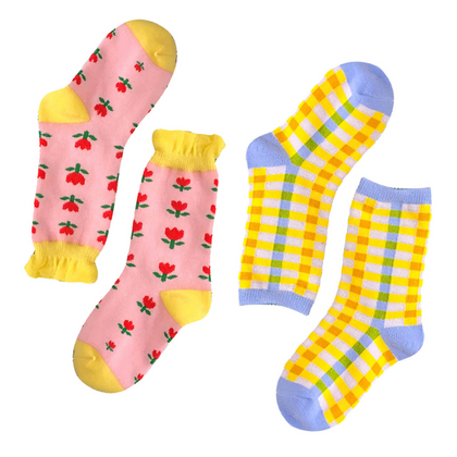 Pink Flower & Yellow/Purple Stripe Socks Set 2PK