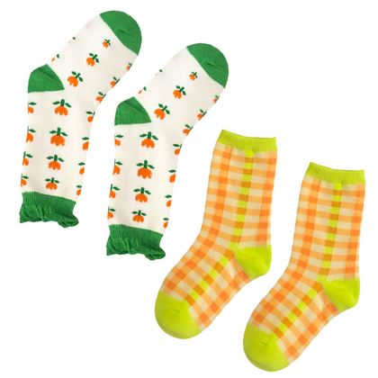 White Flower & Yellow/Orange Stripe Socks Set 2PK